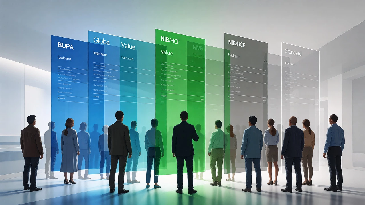 People choosing between glowing transparent insurance option panels