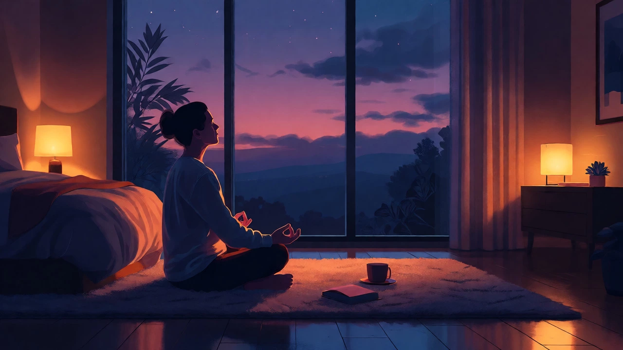Person meditating in a cozy, dimly lit bedroom at twilight, emphasizing calm and rest.