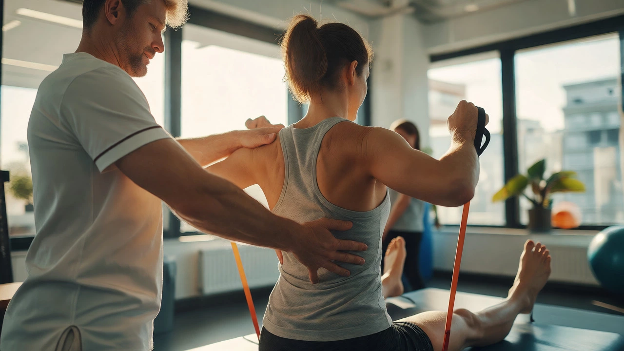 Physiotherapist assisting a patient with resistance band exercises for lower back pain.