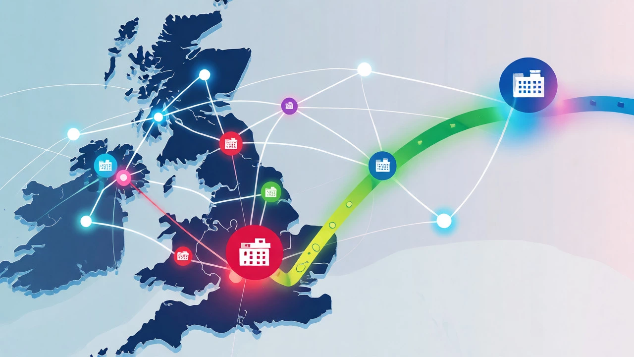 Stylized map showing pathways to switch hospitals for shorter waits.