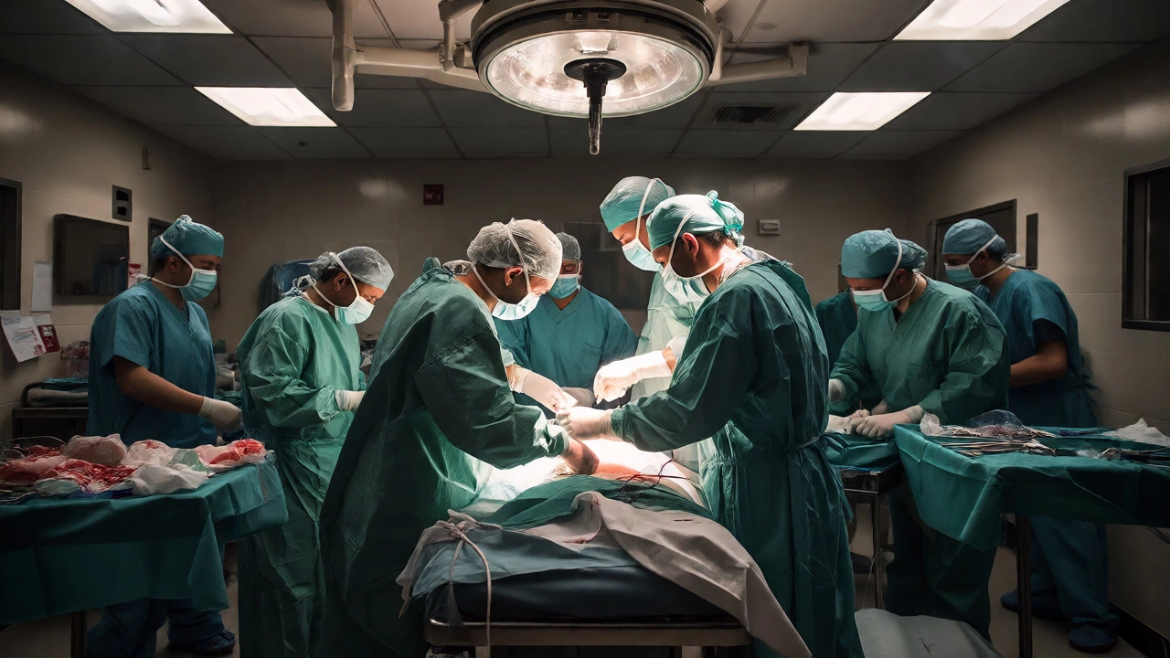 Trauma surgery team working urgently around a patient in a busy emergency operating room.