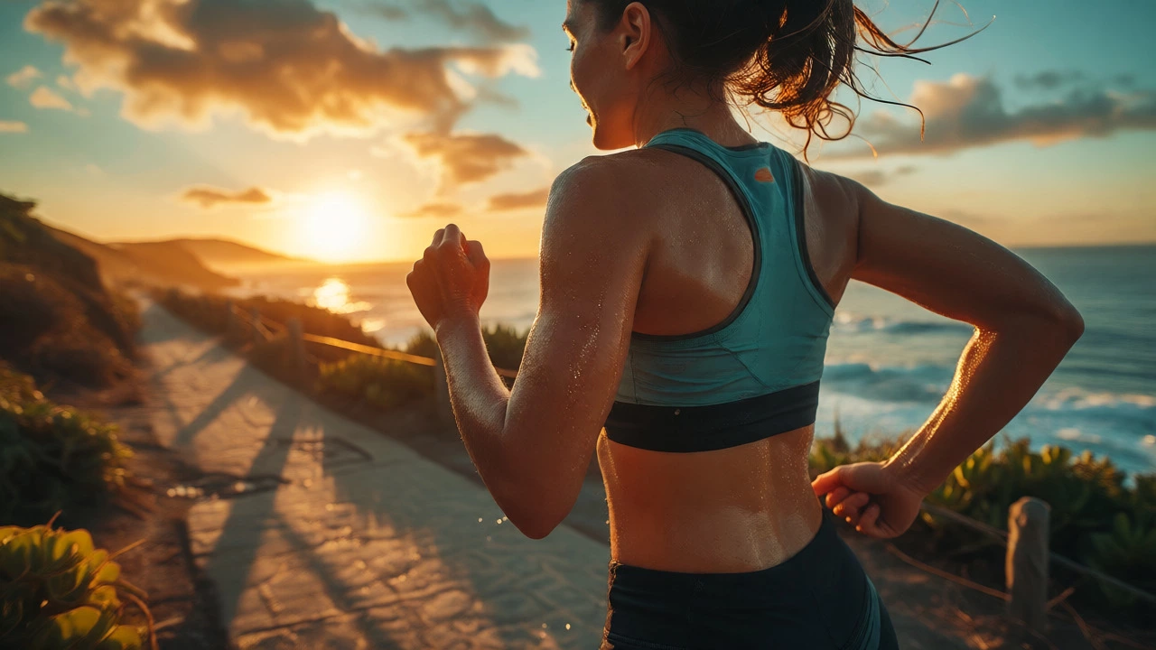 Woman jogging on a coastal path at sunset, showing energetic movement and vitality.
